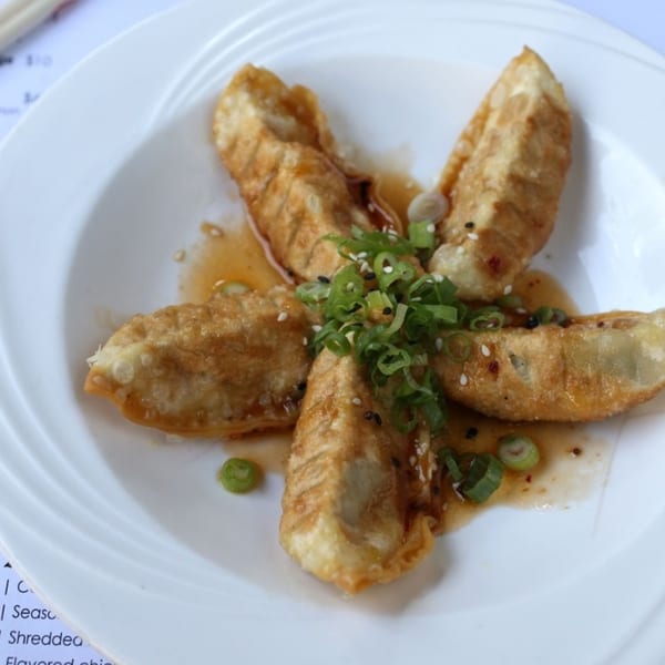 Five golden-brown Roc N Ramen gyoza arranged in a star shape, drizzled with sauce and green onions.